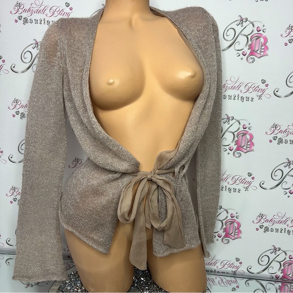 Nougat London sparkly cardigan tie up bow belt beige taupe glitter shimmer top - Picture 1 of 8